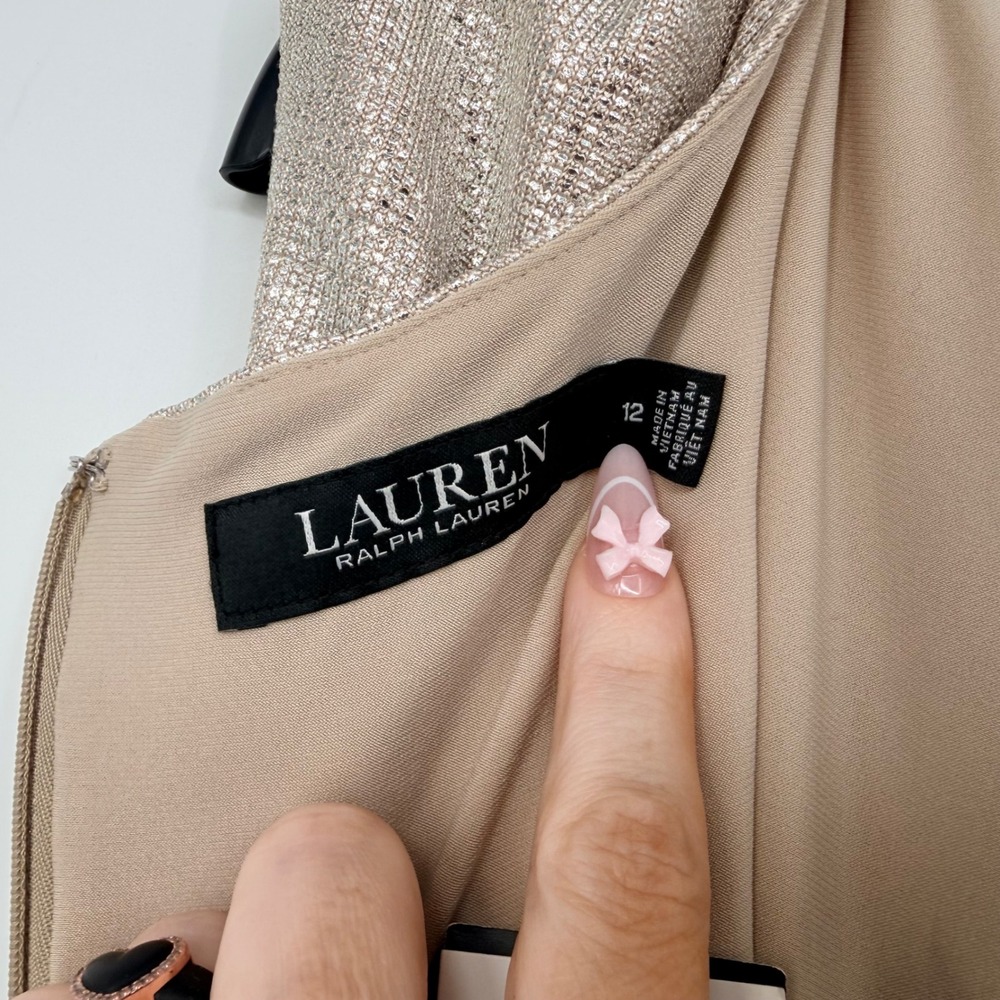 NWT Lauren Ralph Lauren Gown 12 Champagne Metallic Ruched Side Slit Dress - Picture 6 of 11